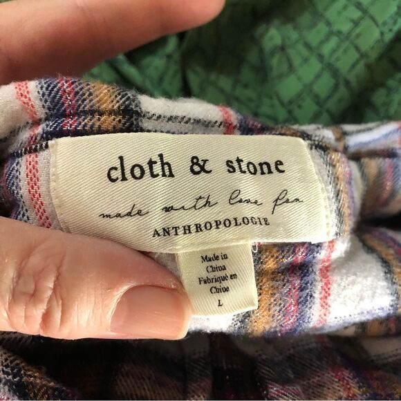 Anthropologie Cloth & Stone Blue Plaid Button Metallic Flannel Top - L - Picture 10 of 11